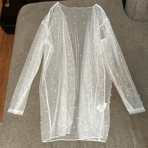 White mesh pearl-studded cardigan